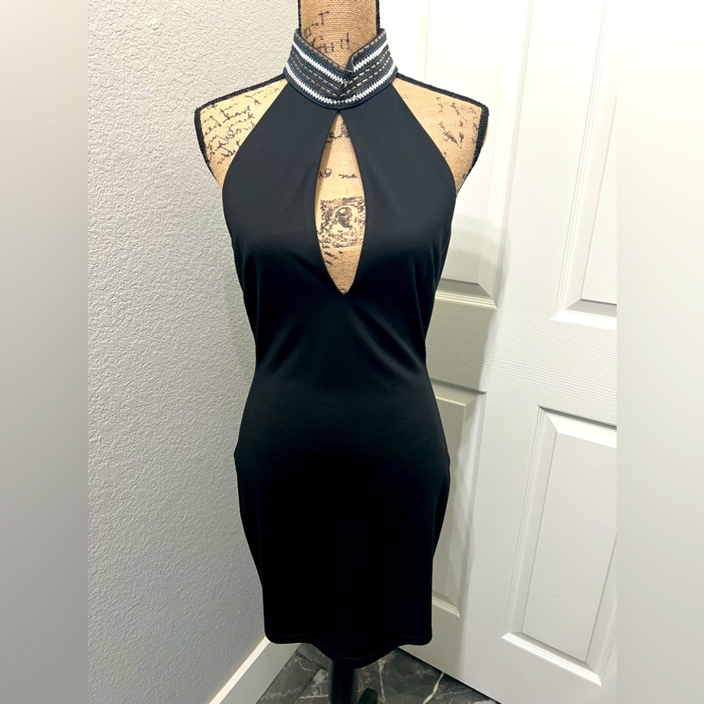 Black Bebe Halter Dress with Key hole & Jeweled Neck Choker Medium
